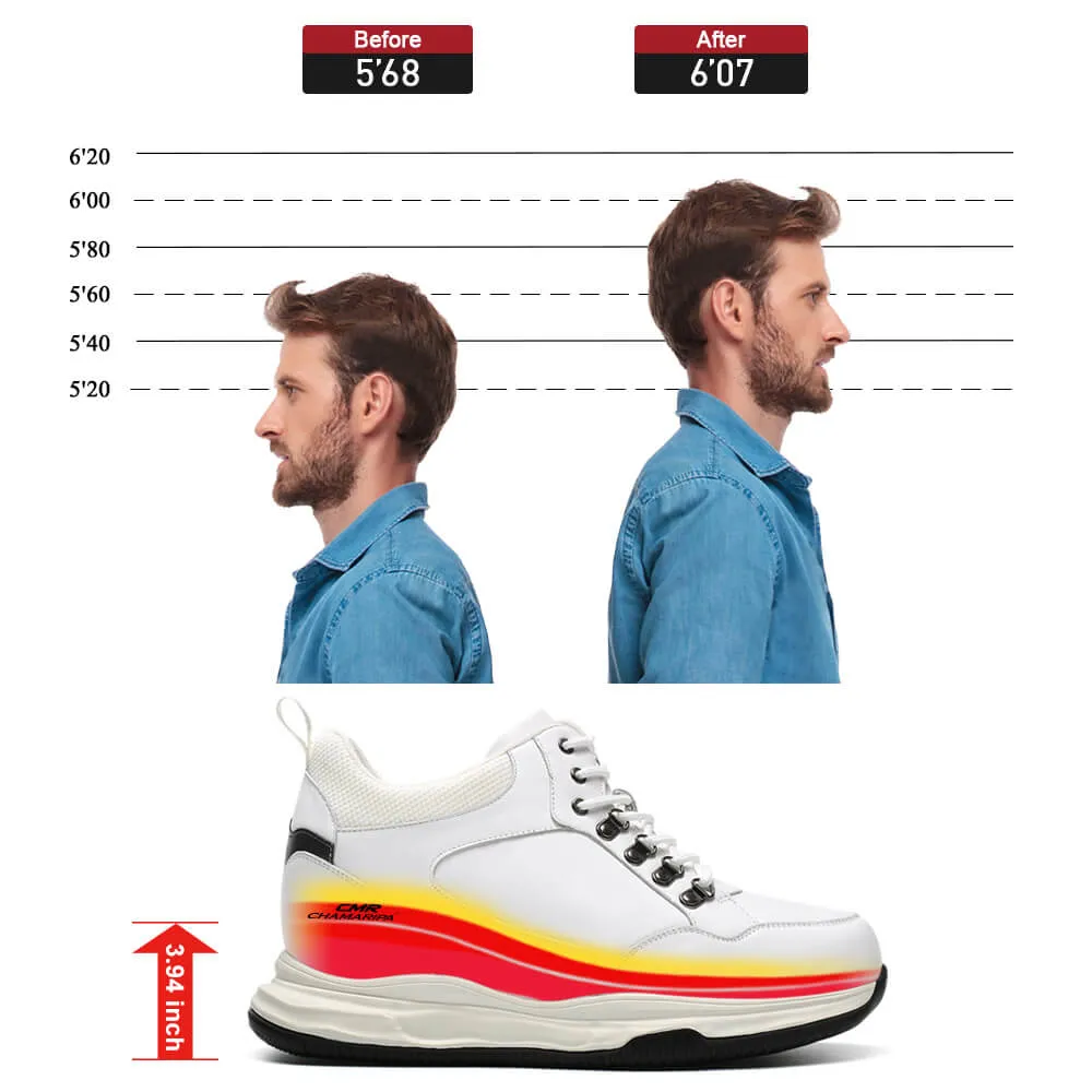 10 CM / 3.94 Inches - CMR Chamaripa Height Increase Shoes Men Elevator Sneakers Shoes White Leather Shoes