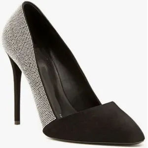 Black Rhinestone Suede Point Toe Pumps