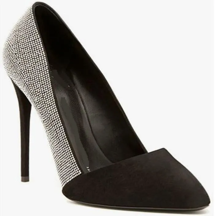 Black Rhinestone Suede Point Toe Pumps