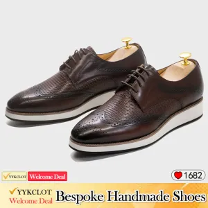 Brown Leather Casual Derby Shoes Men's Pointed Low Top Leather Shoes