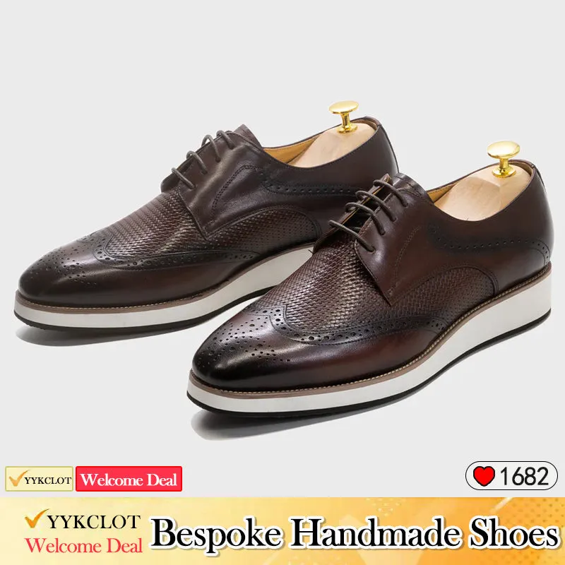 Brown Leather Casual Derby Shoes Men's Pointed Low Top Leather Shoes