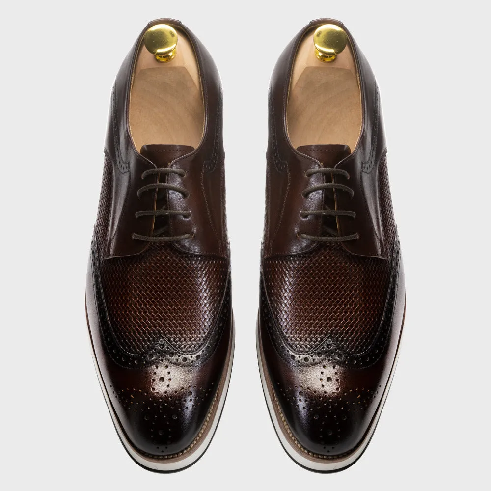 Brown Leather Casual Derby Shoes Men's Pointed Low Top Leather Shoes