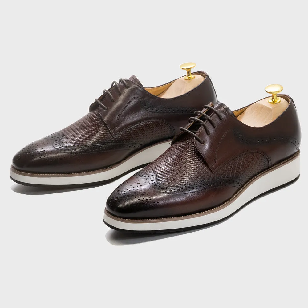 Brown Leather Casual Derby Shoes Men's Pointed Low Top Leather Shoes