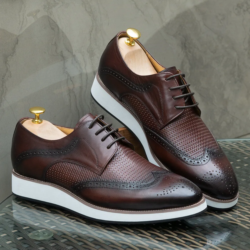Brown Leather Casual Derby Shoes Men's Pointed Low Top Leather Shoes