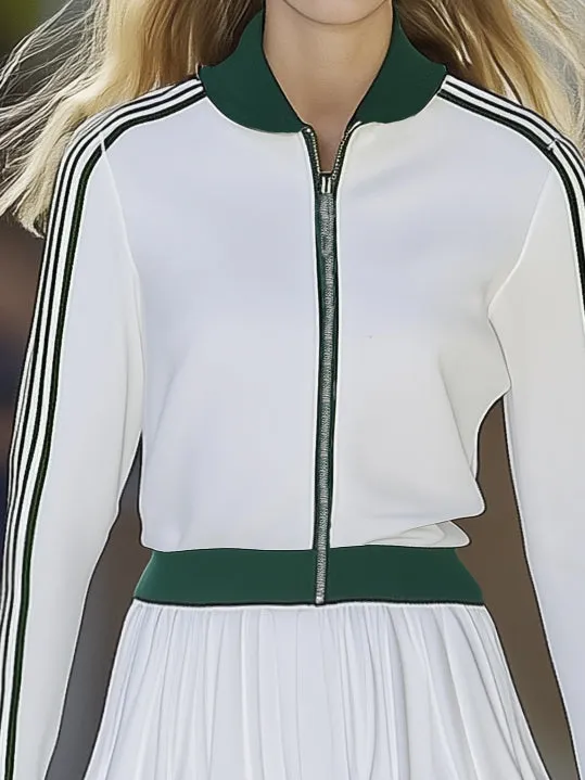 Casual Sports Baseball Jacket White Long Sleeve Mini Dress