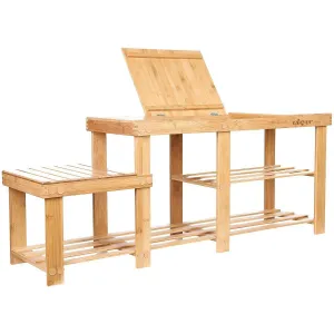 Clevr Natural Bamboo Shoe Storage Rack Bench with 2-Tier Storage Drawer on Top, 44", Storage Drawer on Top, Shoe Organizer Entryway Seat Storage Shelf Hallway Furniture