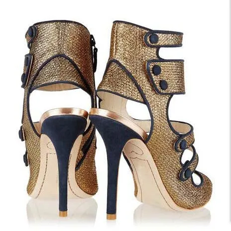 Gold High Heel Cutout Buckle Sandals