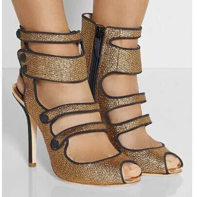 Gold High Heel Cutout Buckle Sandals