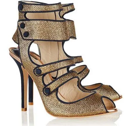 Gold High Heel Cutout Buckle Sandals