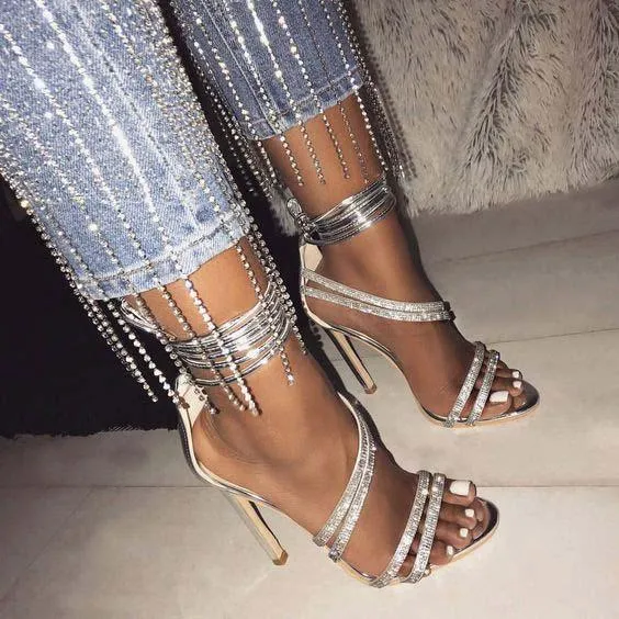 High Heel Strappy Ankle Rhinestone Sandals