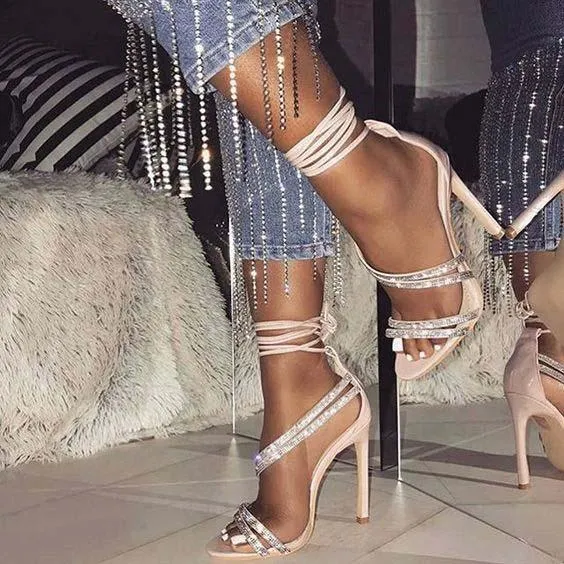 High Heel Strappy Ankle Rhinestone Sandals