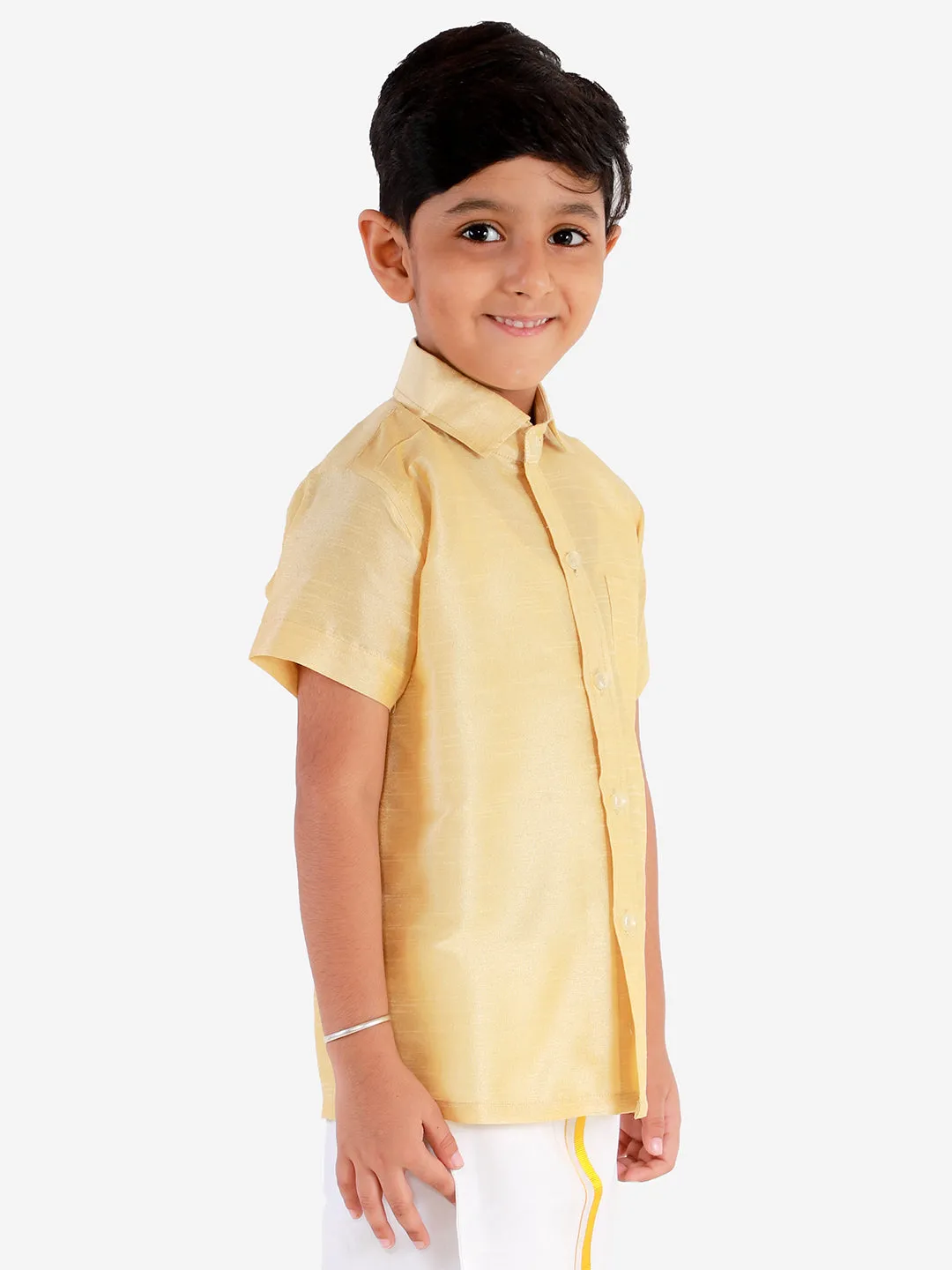 Jashvi Boys' Gold Silk Short Sleeves Ethnic Shirt