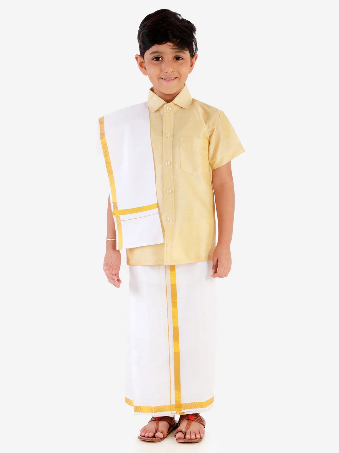 Jashvi Boys' Gold Silk Short Sleeves Ethnic Shirt