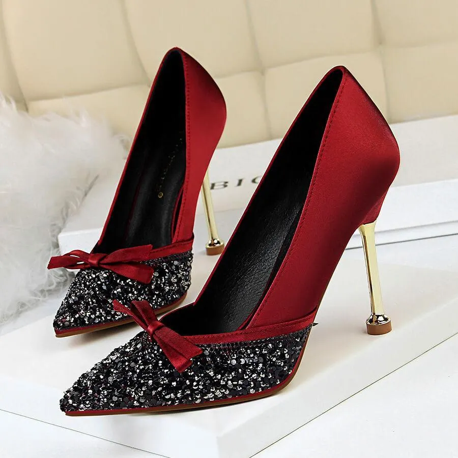 Kit Heel Glitter Bow-knot Point Toe Pumps