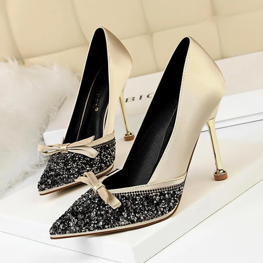 Kit Heel Glitter Bow-knot Point Toe Pumps
