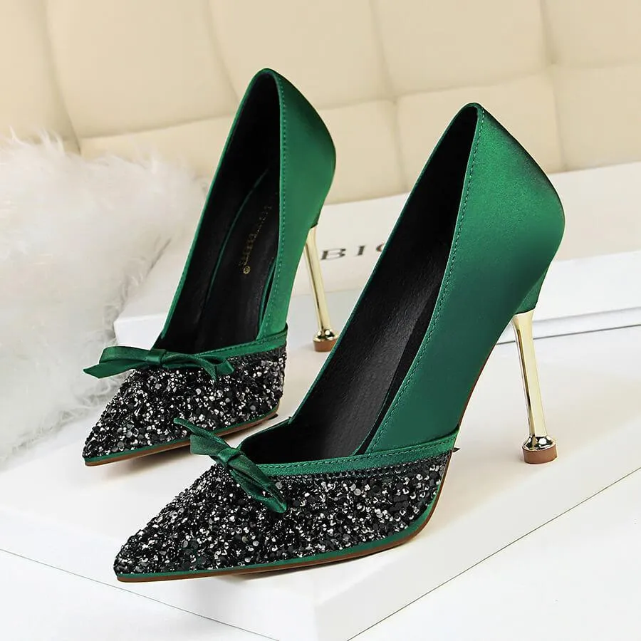 Kit Heel Glitter Bow-knot Point Toe Pumps