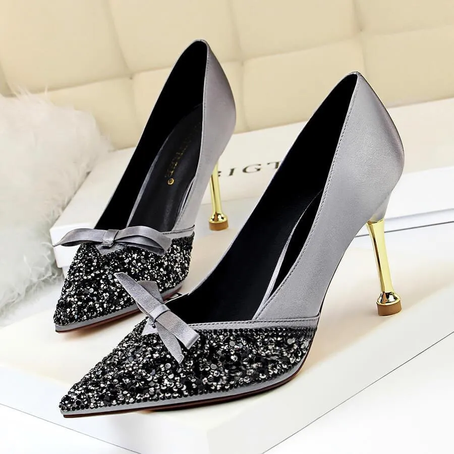 Kit Heel Glitter Bow-knot Point Toe Pumps