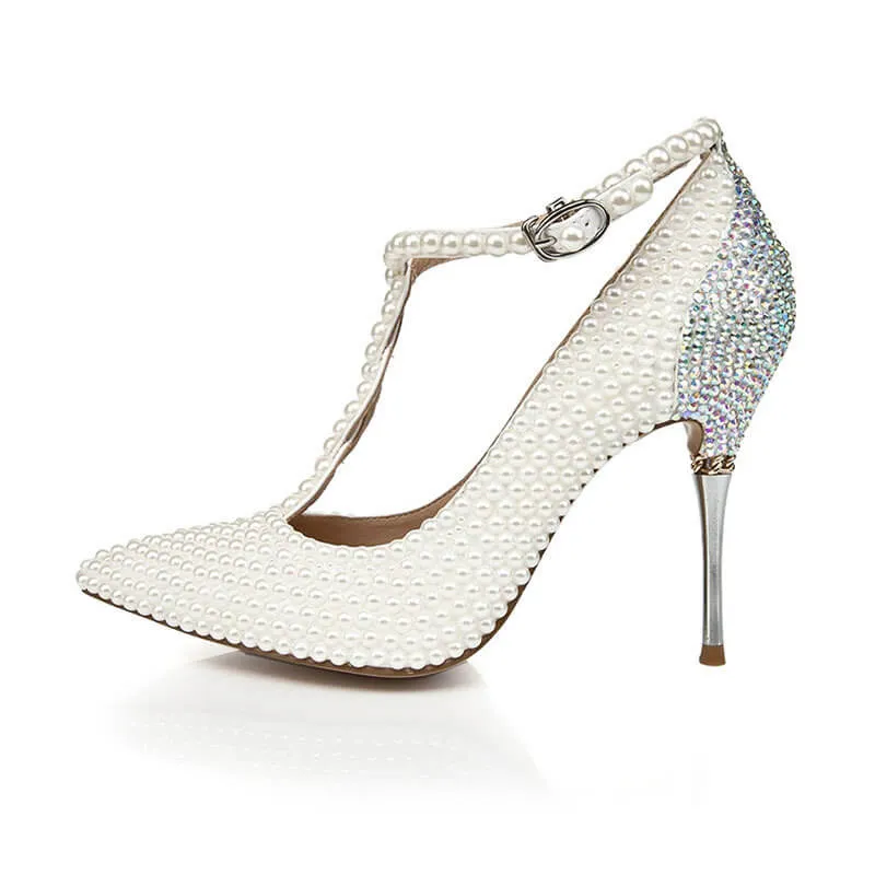Leather Cutout Rhinestone Close Toe Pumps
