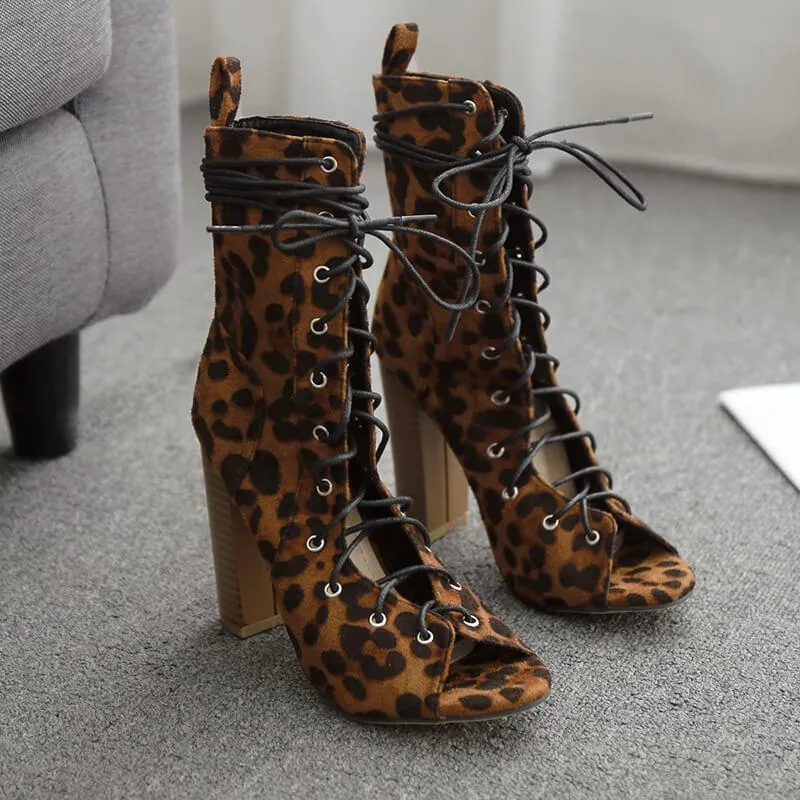 Leopard Strap Suede Chunky Heel Sandals