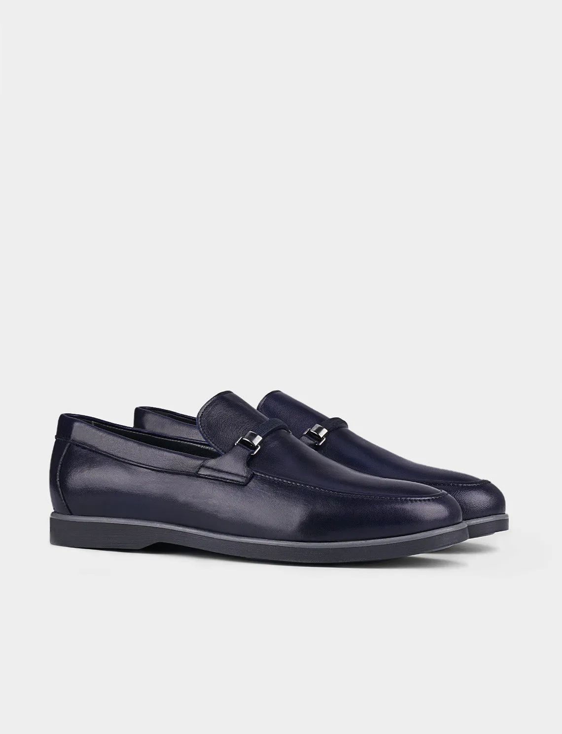Men Navy Blue Genuine Leather Slip On Casual Shoes