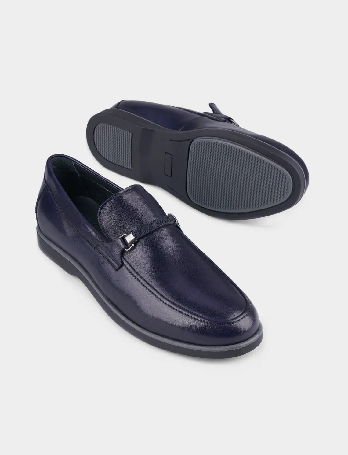 Men Navy Blue Genuine Leather Slip On Casual Shoes