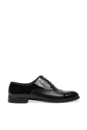 Men's Black Leather Oxford Shoes with Cap Toe and Glossy Finish - Wessi