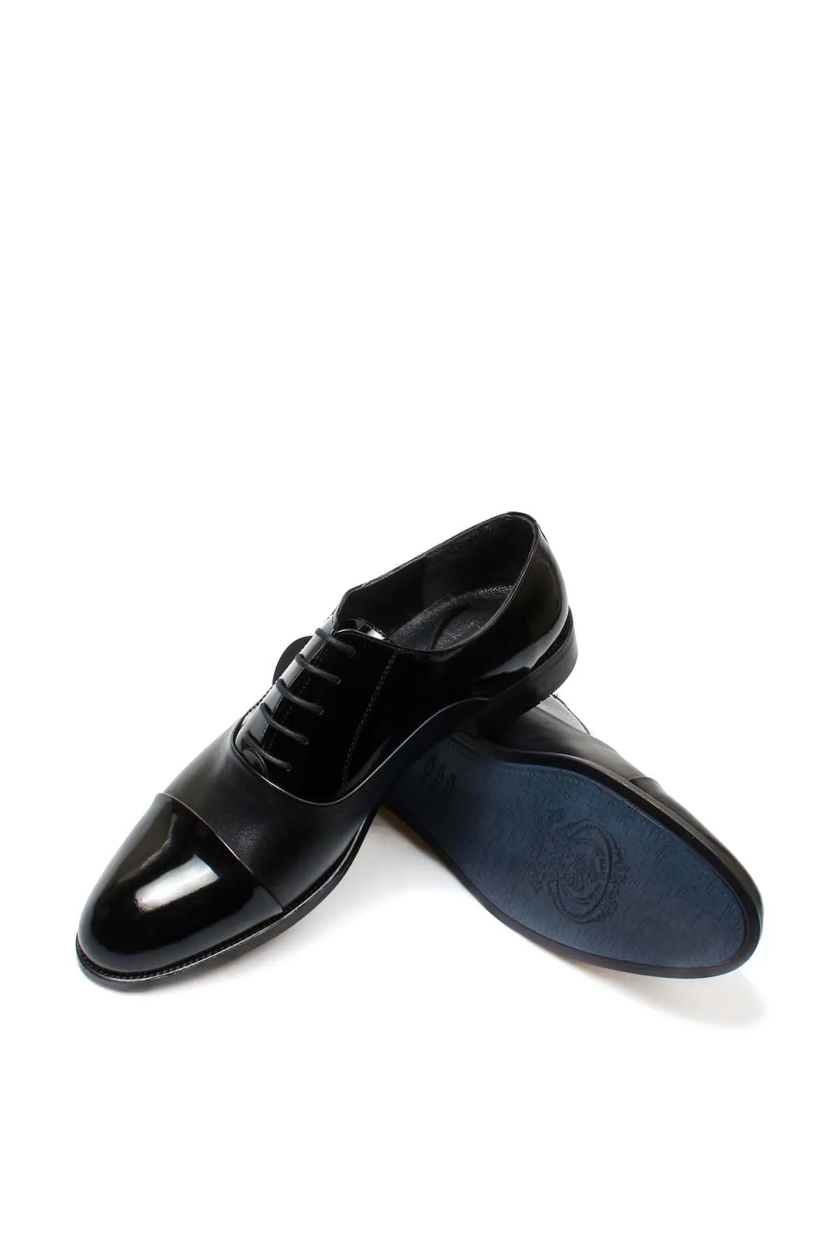 Men's Black Leather Oxford Shoes with Cap Toe and Glossy Finish - Wessi