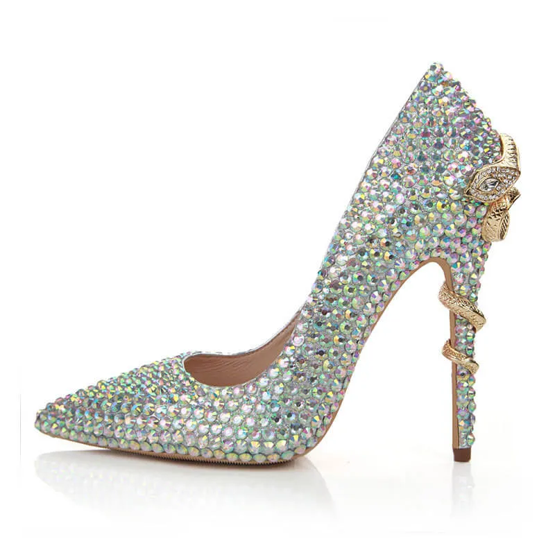 Multicolor Rhinestone Point Toe Ankle Stiletto Heel Pumps