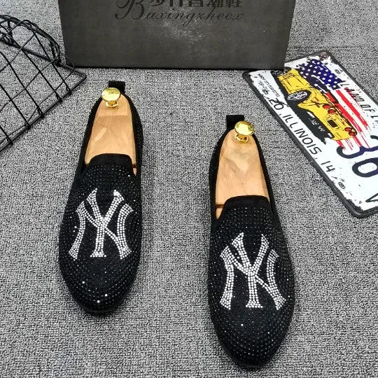 Pea shoes men's shoes spirit guy a pedal rhinestone shoes embroidery leisure loafers trend lazy shoes