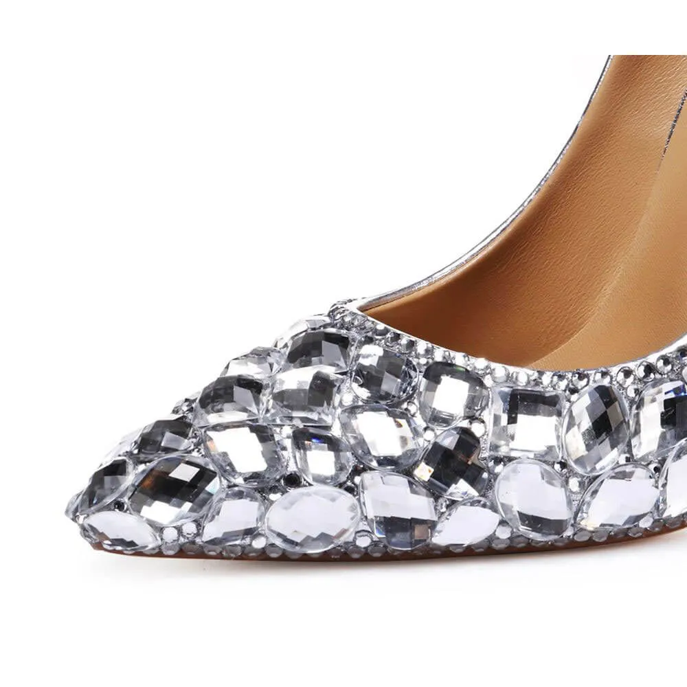 Point Toe Ankle Rhinestone Stiletto Heel Crystal Pumps