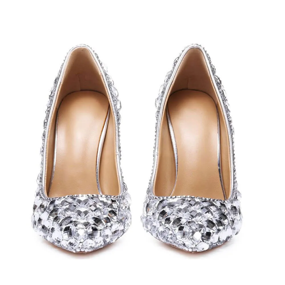 Point Toe Ankle Rhinestone Stiletto Heel Crystal Pumps