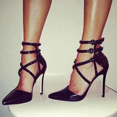 Point Toe Straps Leather Sexy Stiletto Heel Pumps