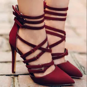Red Strap Stiletto Suede Ankle High Heels