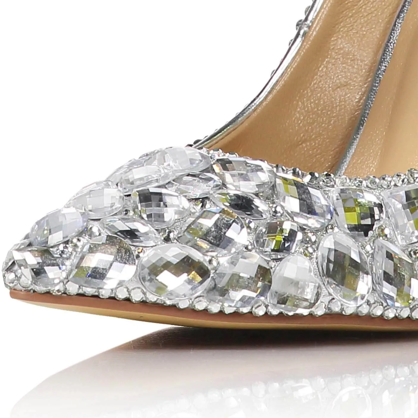 Silver Ankle Stiletto Heel Rhinestone Pumps
