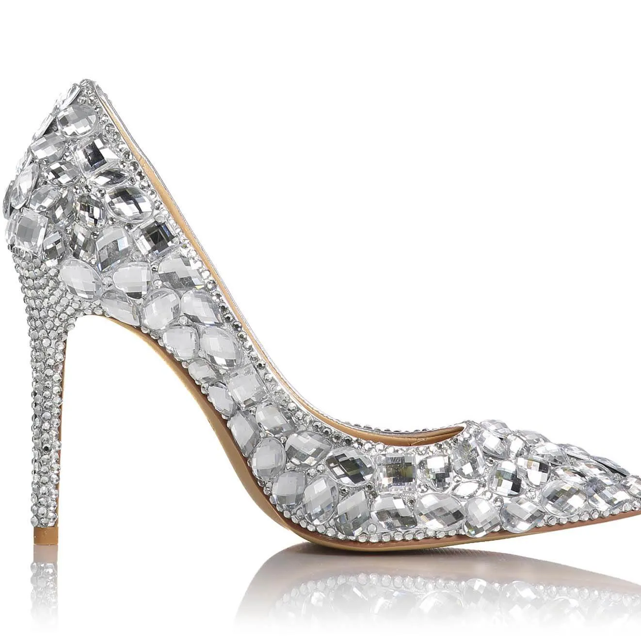 Silver Ankle Stiletto Heel Rhinestone Pumps