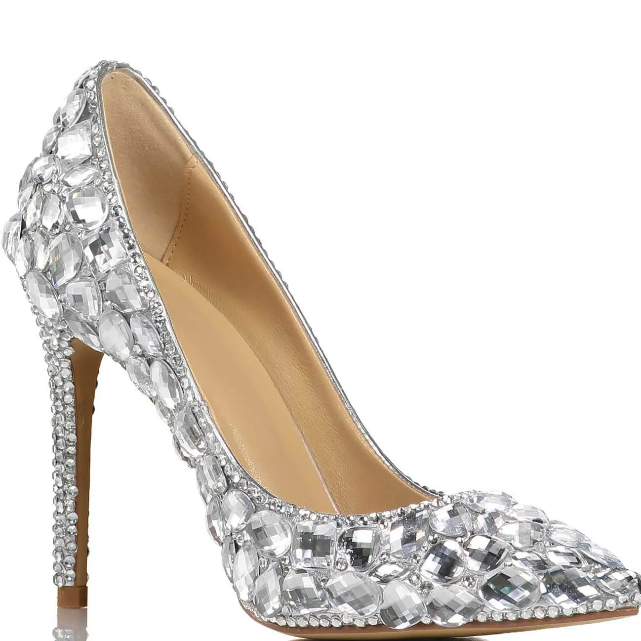 Silver Ankle Stiletto Heel Rhinestone Pumps