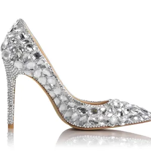 Silver Ankle Stiletto Heel Rhinestone Pumps