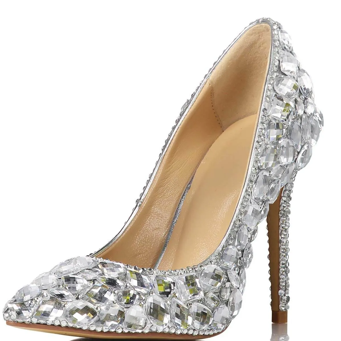 Silver Ankle Stiletto Heel Rhinestone Pumps