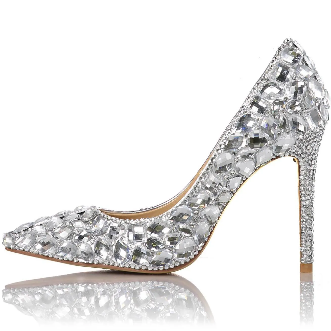Silver Ankle Stiletto Heel Rhinestone Pumps