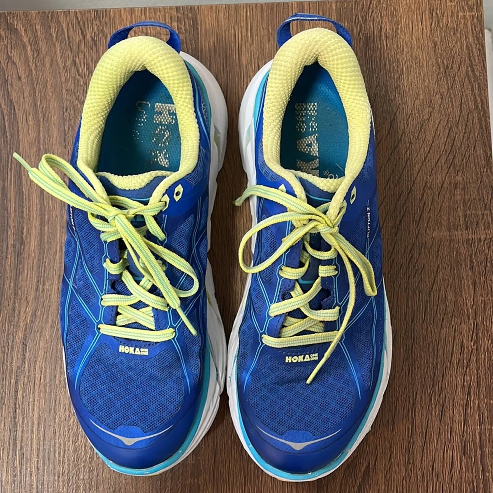 Size 7.5 Hoka One One Clifton 2 Ortholite Blue Green Tennis Shoes Sneakers