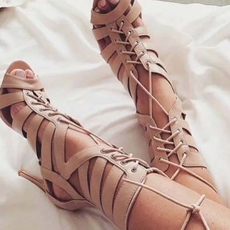 Strap Lace Up Leather Cutout Sandals
