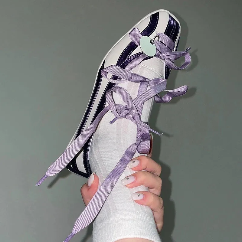 TAVIMART  -  Spring Lolita Square Toe Purple Flat Ballet Shoes Women's 2024 New Straps Bow Color Matching Mary Jane Shoes