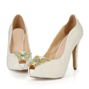 White Heel Wedding Bow Peep Toe Sandals