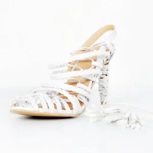 White Strap Lace Up Fringe Sandals